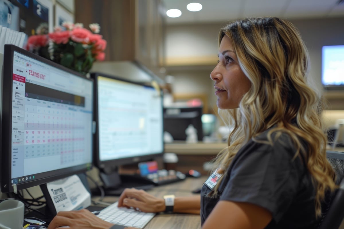 Female receptionist at a health clinic manages a busy schedule on computer screen
