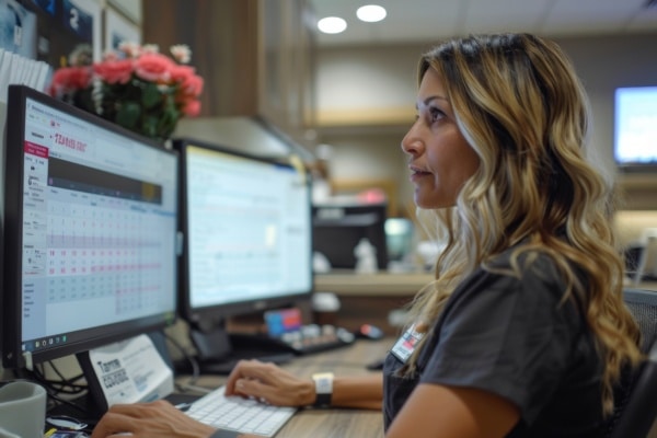 Female receptionist at a health clinic manages a busy schedule on computer screen