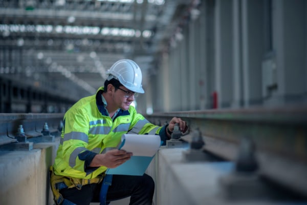 A man wearing a protective helmet and a high-vis jacket inspects something in a construction environment.
