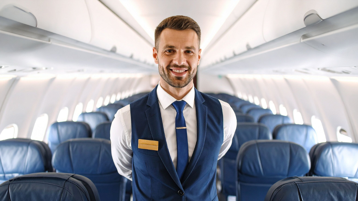 Male cabin crew worker standing in the middle of an empty aircraft
