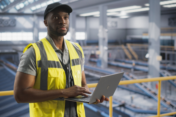 Man standing on a metal platform, using a laptop computer at a post office logistics centre.