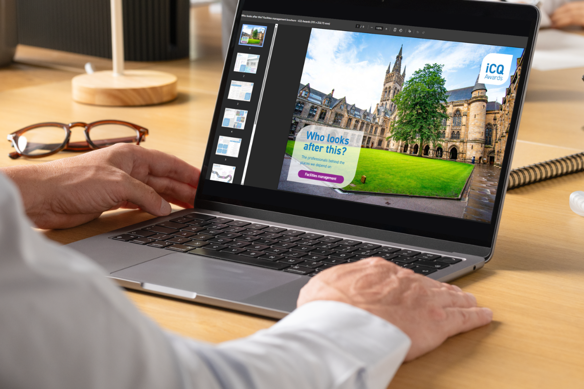 iCQ Awards Facilities Management Brochure on laptop screen